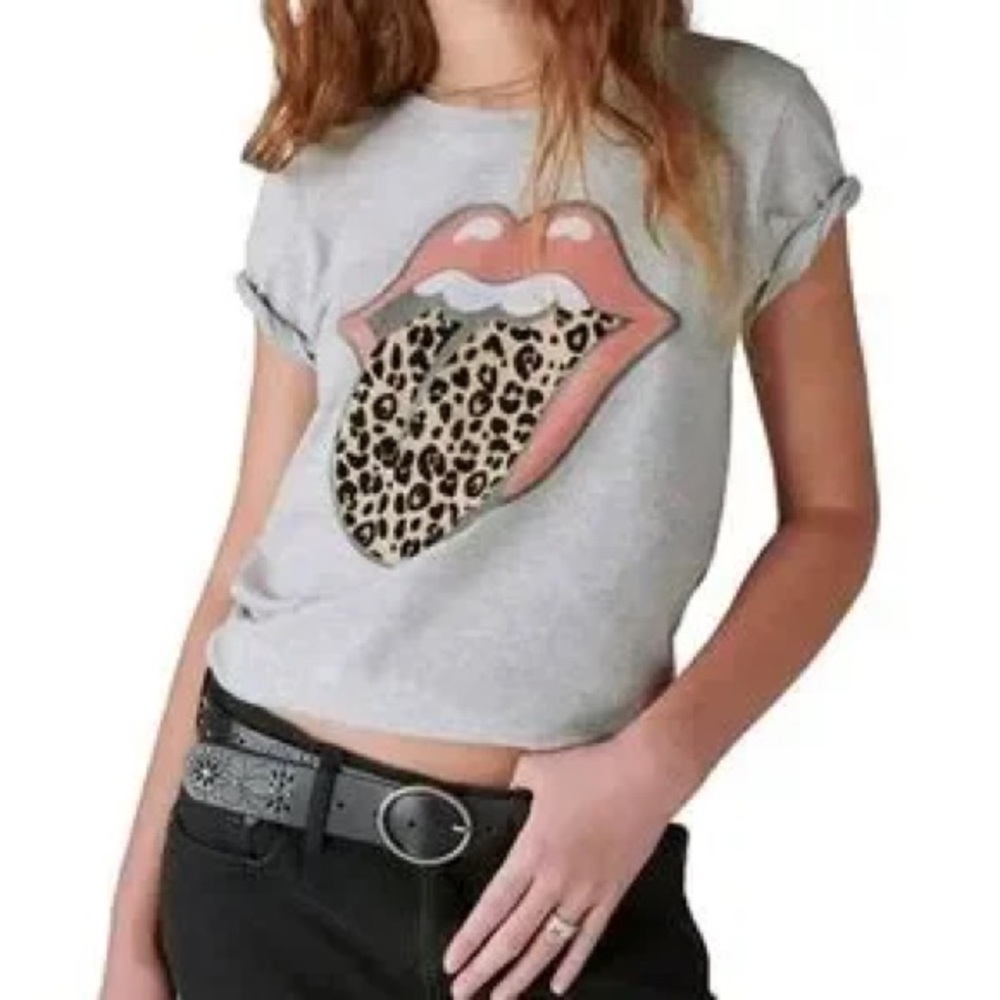 Lucky Brand Rolling Stones animal print lips t shirt LIKE NEW WASHED NOT WORN